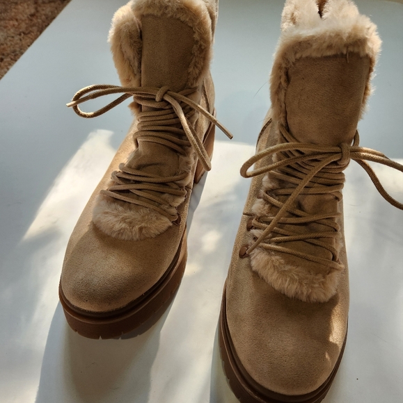 Women's Tan Lace-Up Faux Suede Ankle Boots, With Faux Fur - Picture 7 of 7